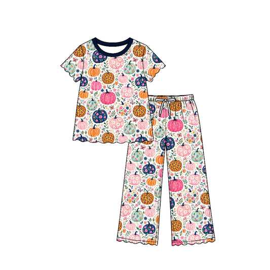 Preorder moq 5 Baby Girls Short Sleeve Colorful Flowers Pumpkins Top Pants Fall Scallop Clothes Set