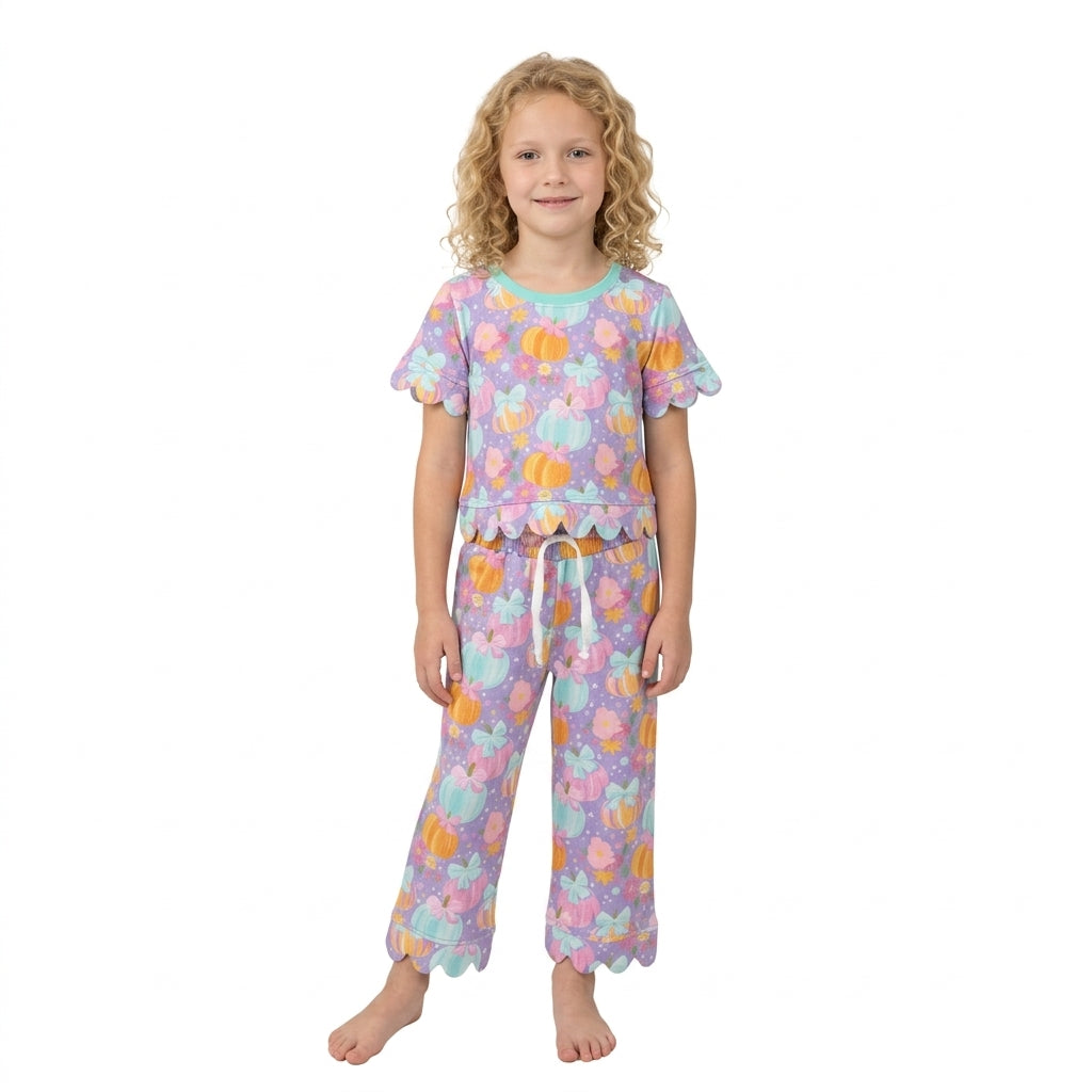 Baby Girls Colorful Flowers Pumpkins Top Pants Fall Scallop Clothes Set