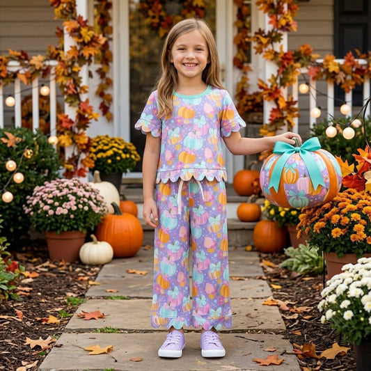 Baby Girls Colorful Flowers Pumpkins Top Pants Fall Scallop Clothes Set