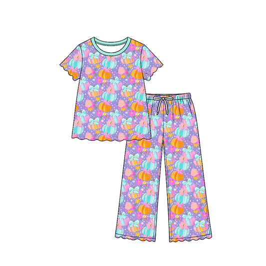 Preorder moq 5 Baby Girls Short Sleeve Colorful Flowers Pumpkins Top Pants Fall Scallop Clothes Set
