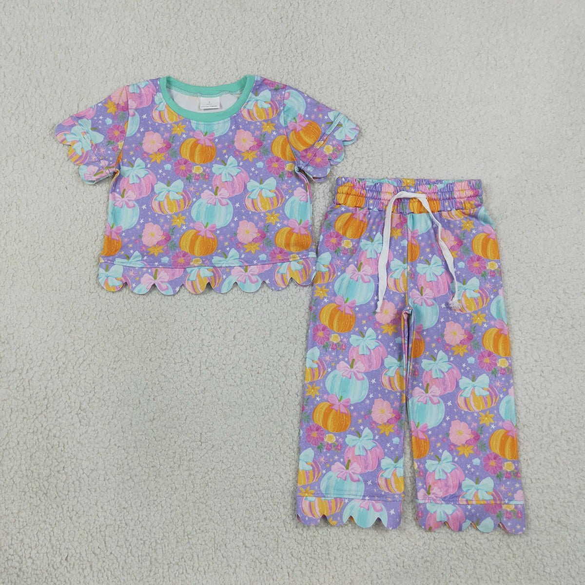 Baby Girls Colorful Flowers Pumpkins Top Pants Fall Scallop Clothes Set