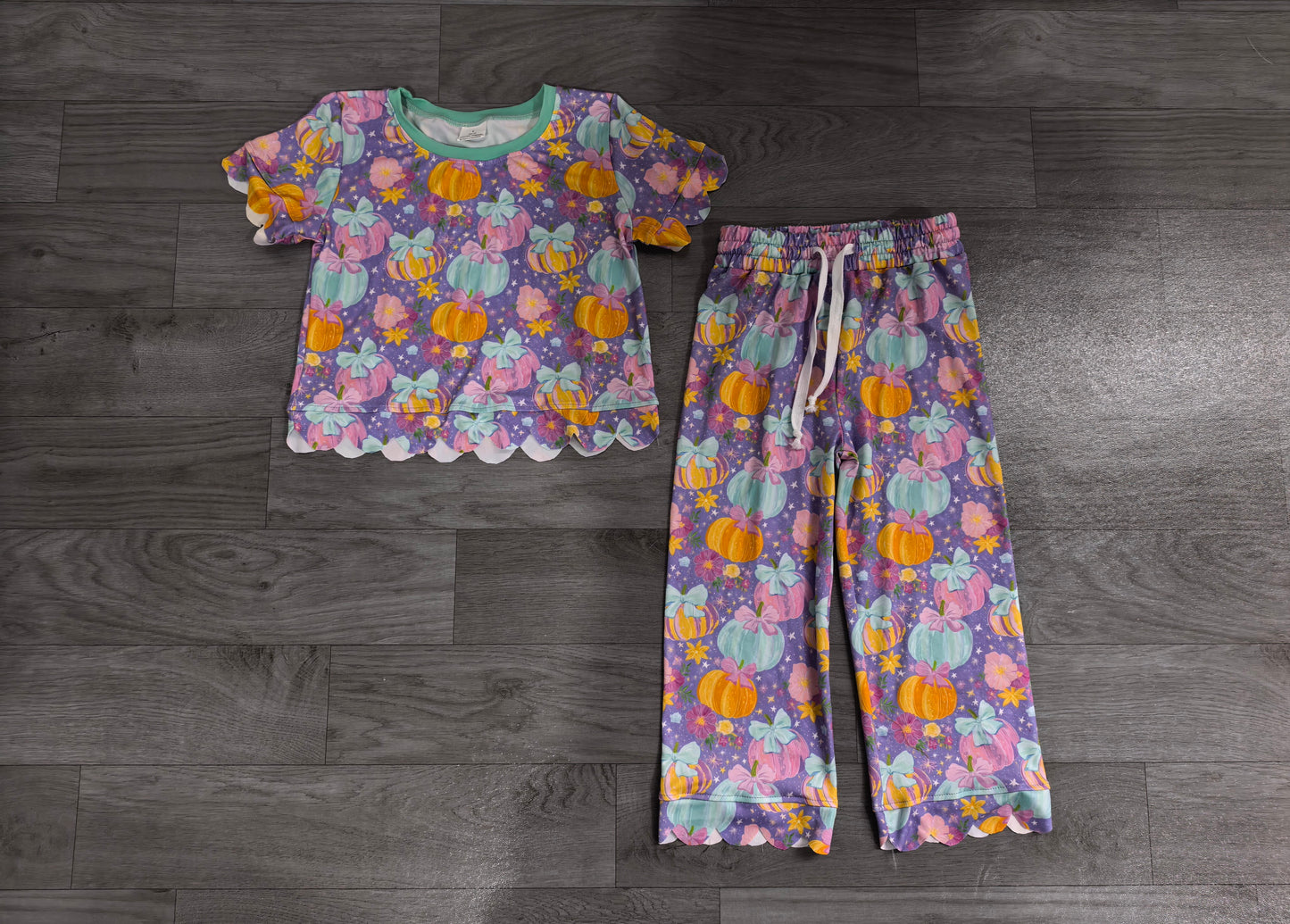 Baby Girls Short Sleeve Colorful Flowers Pumpkins Top Pants Fall Scallop Clothes Set Preorder