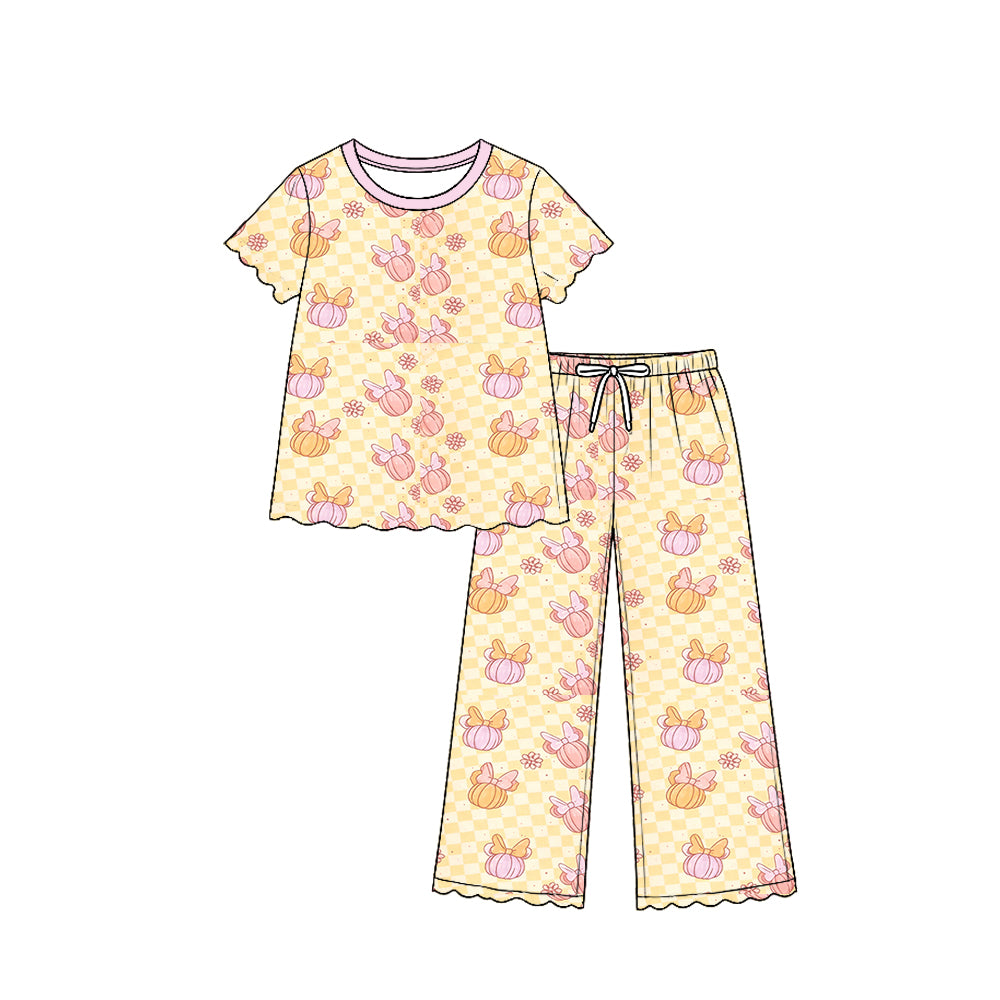 Preorder moq 5 Baby Girls Short Sleeve Colorful Flowers Pumpkins Top Pants Fall Scallop Clothes Set
