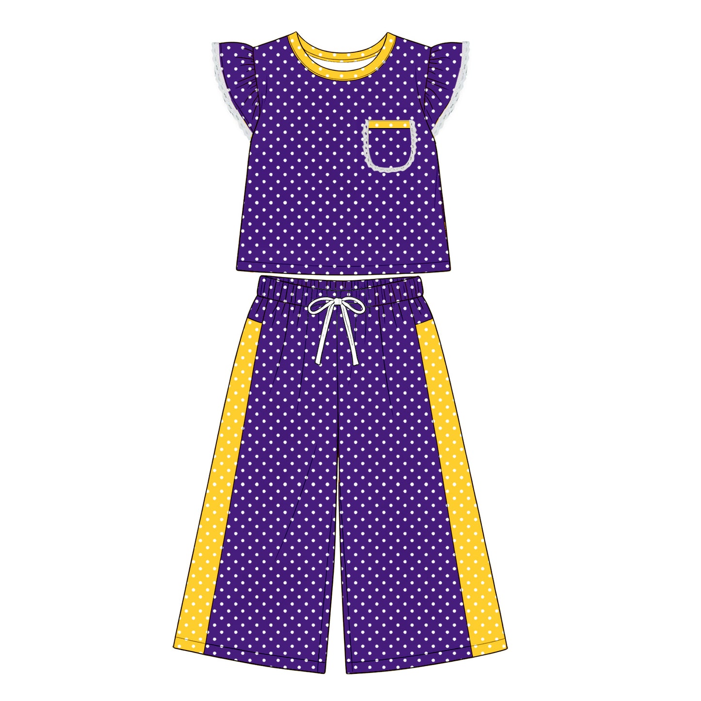 Preorder moq 5 Baby Girls Purple Polka Dots Pocket Top Flare Pant Clothes Set