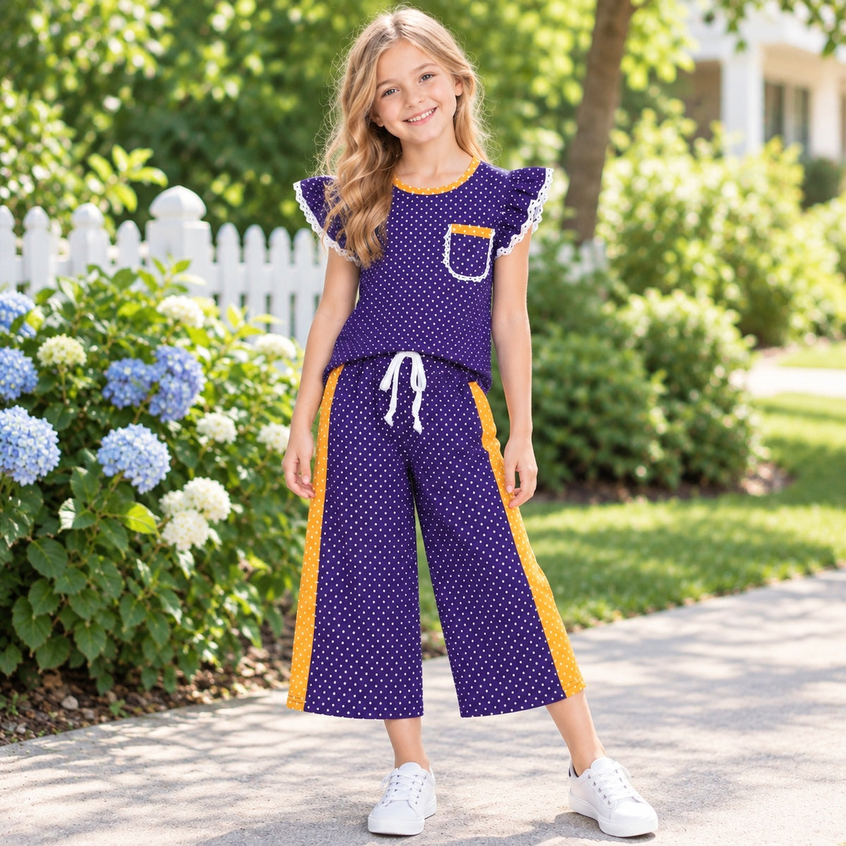 Baby Girls Orange Purple Polka Dots Pocket Top Flare Pant Clothes Set