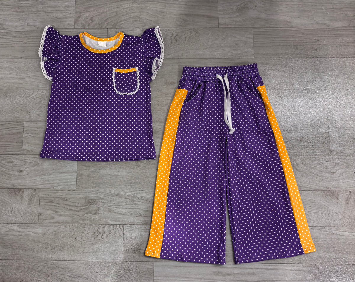 Baby Girls Purple Polka Dots Pocket Top Flare Pant Clothes Set Preorder
