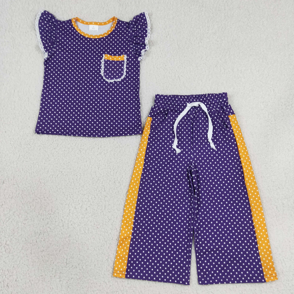 Baby Girls Orange Purple Polka Dots Pocket Top Flare Pant Clothes Set