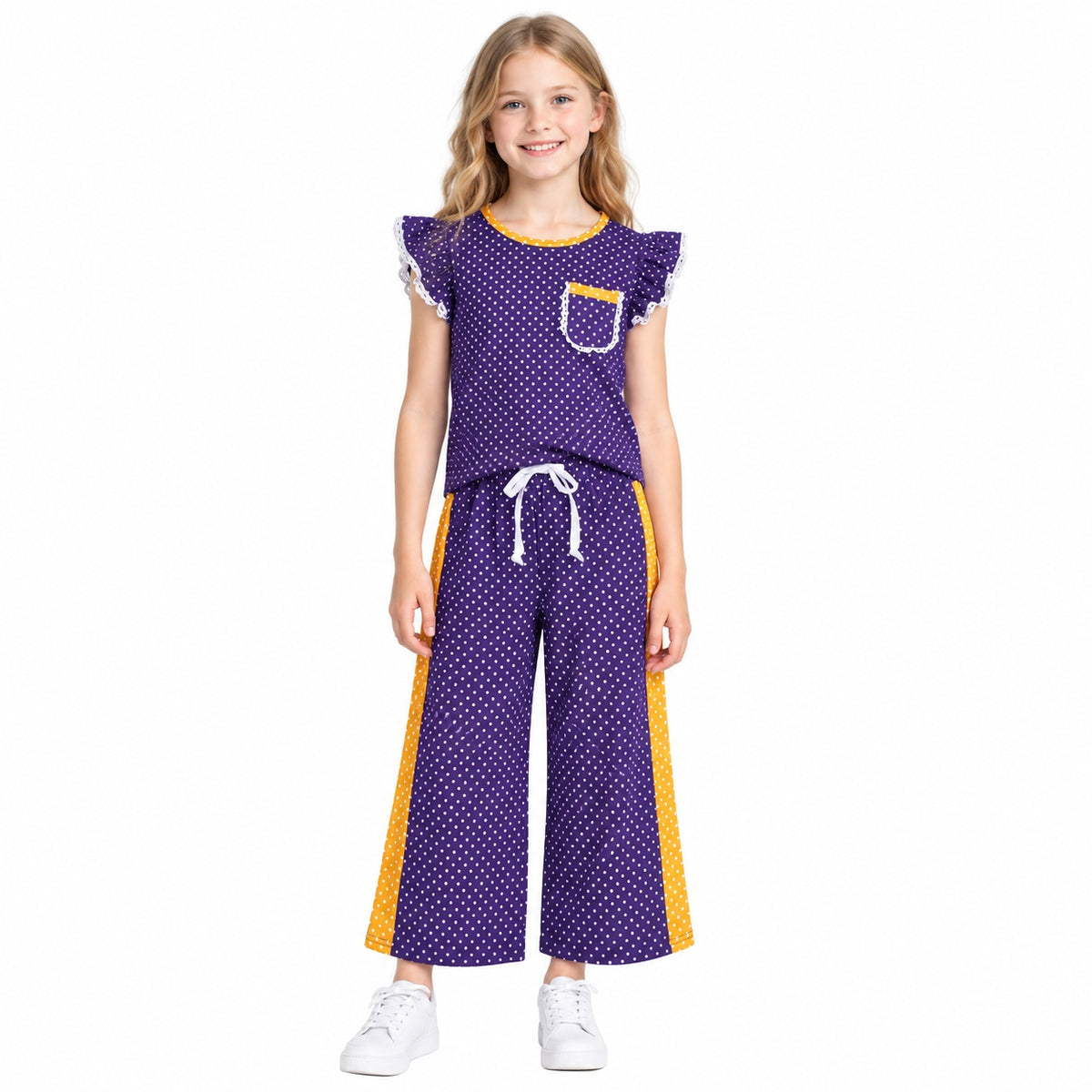 Baby Girls Orange Purple Polka Dots Pocket Top Flare Pant Clothes Set