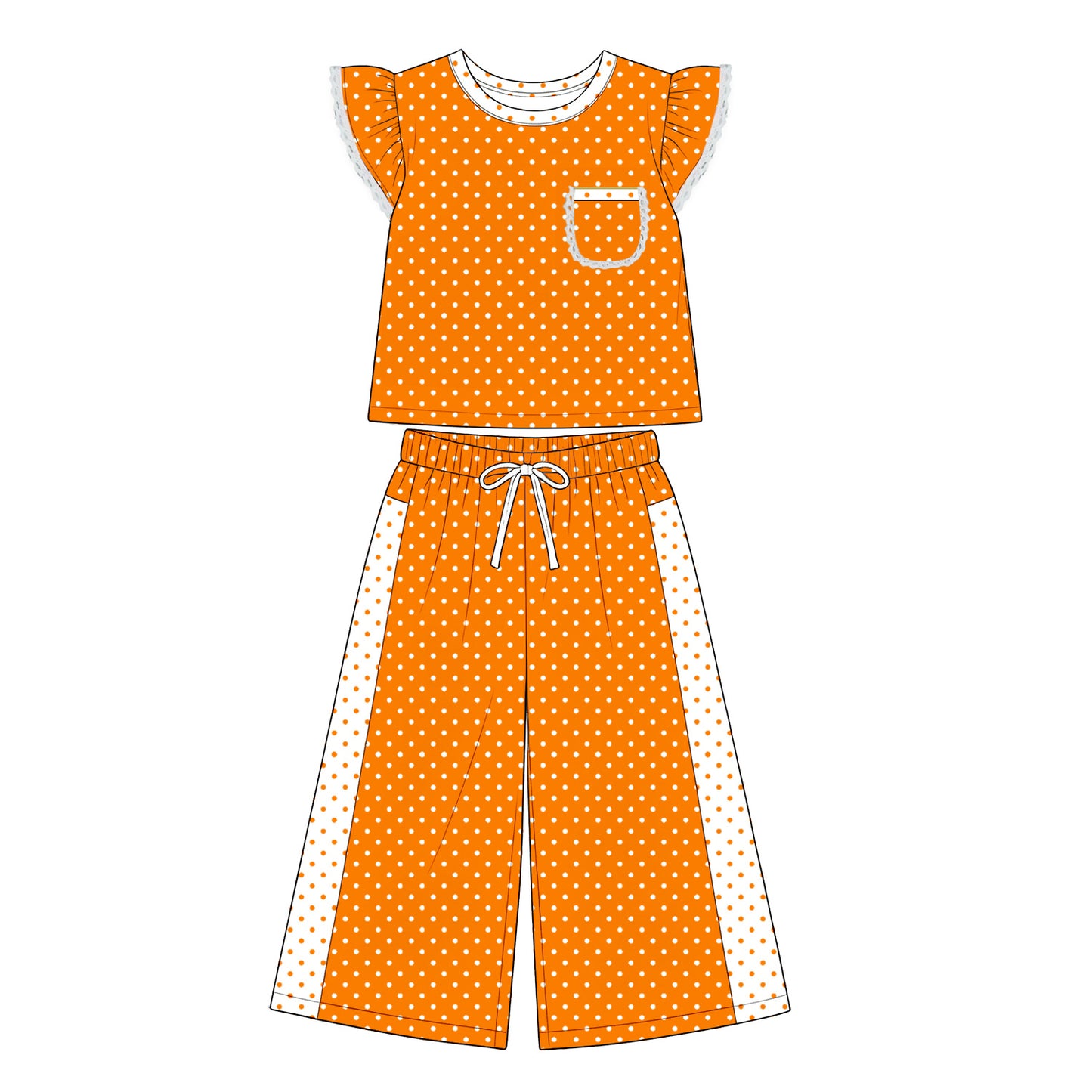 Preorder moq 5 Baby Girls Orange Polka Dots Pocket Top Flare Pant Clothes Set