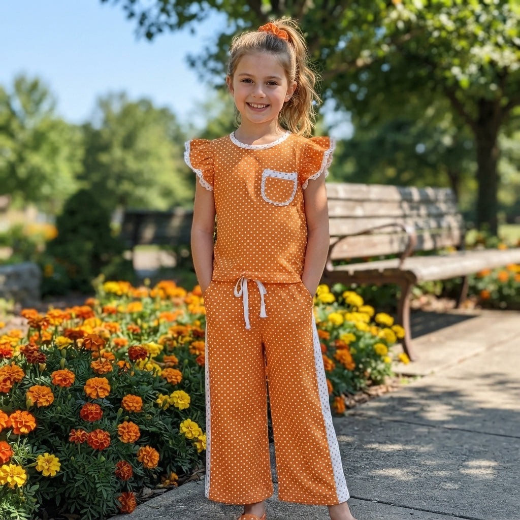 Baby Girls Orange White Polka Dots Pocket Top Flare Pant Clothes Set