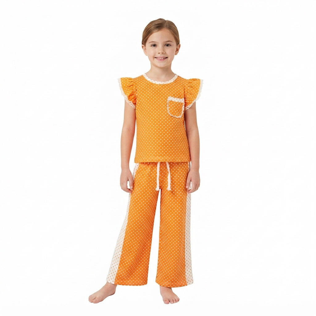Baby Girls Orange White Polka Dots Pocket Top Flare Pant Clothes Set
