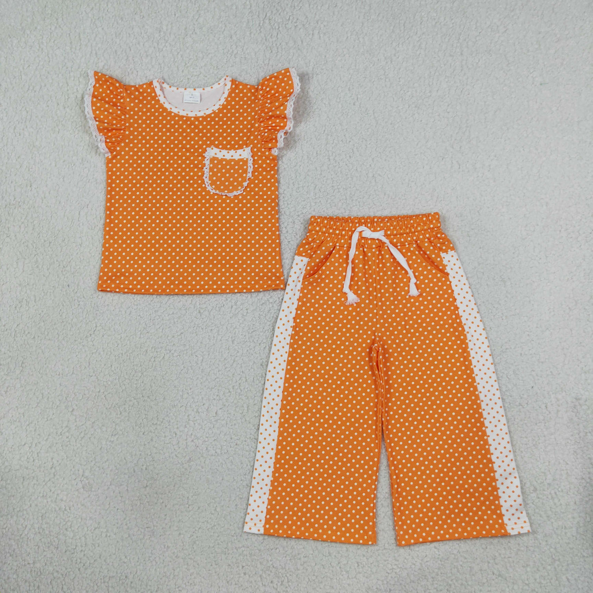 Baby Girls Orange White Polka Dots Pocket Top Flare Pant Clothes Set