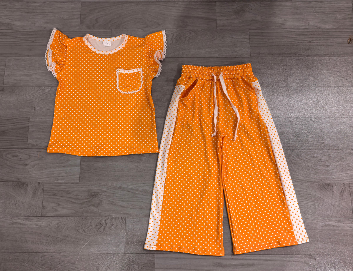 Baby Girls Orange Polka Dots Pocket Top Flare Pant Clothes Set Preorder