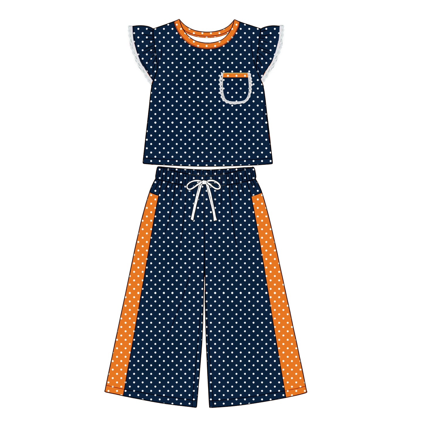 Preorder moq 5 Baby Girls Navy Polka Dots Pocket Top Flare Pant Clothes Set