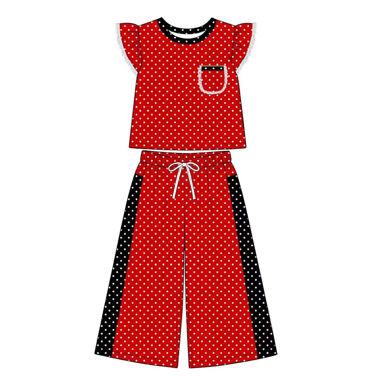 Preorder moq 5 Baby Girls Red Black Polka Dots Pocket Top Flare Pant Clothes Set