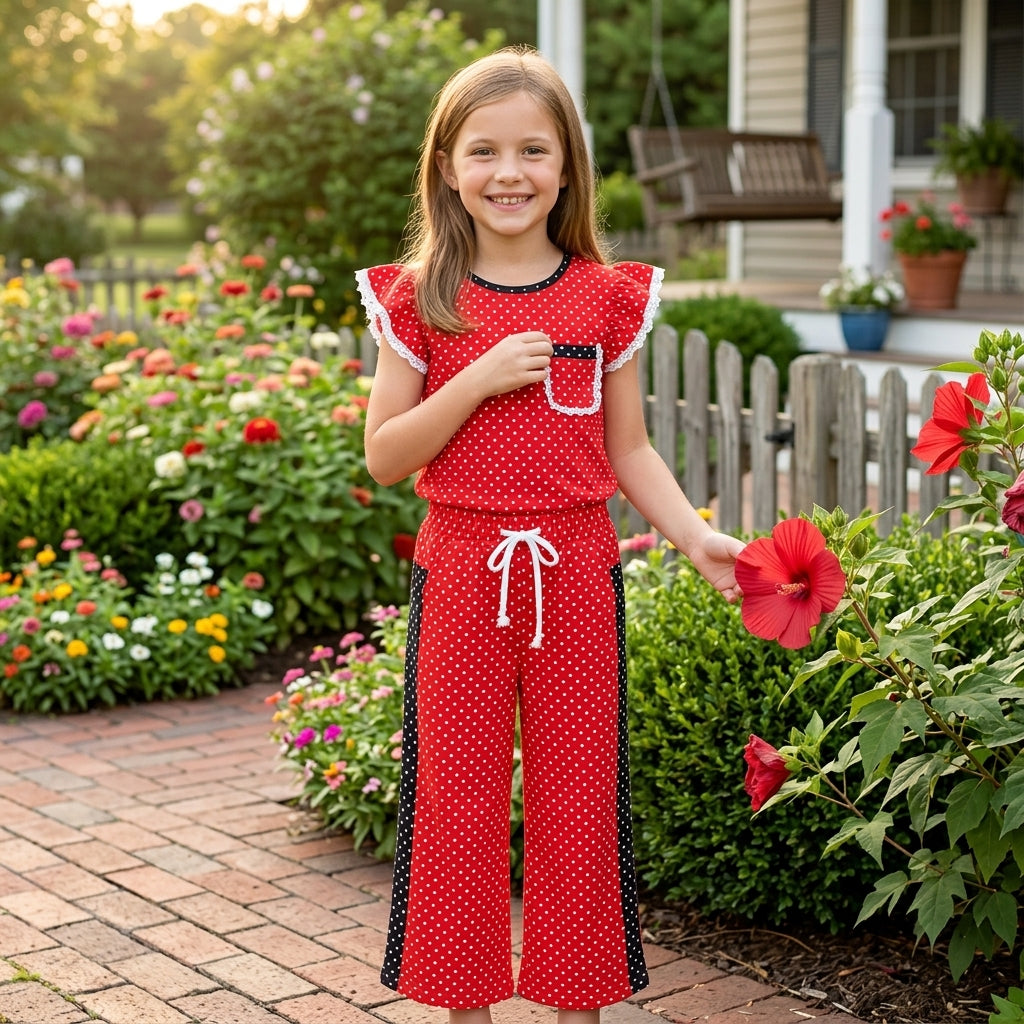 Baby Girls Red Black Polka Dots Pocket Top Flare Pant Clothes Set