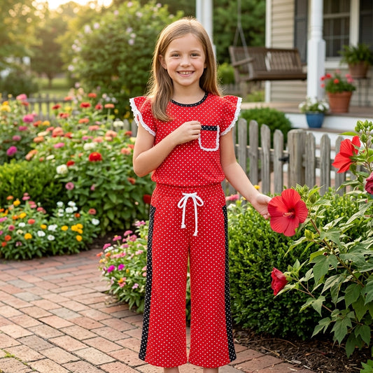 Baby Girls Red Black Polka Dots Pocket Top Flare Pant Clothes Set