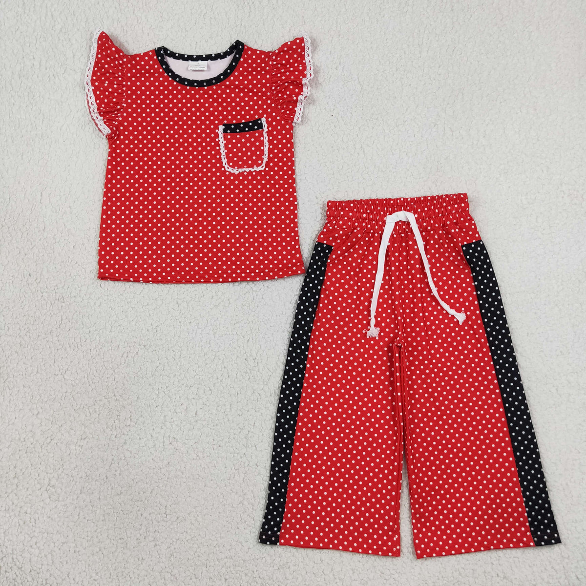 Baby Girls Red Black Polka Dots Pocket Top Flare Pant Clothes Set