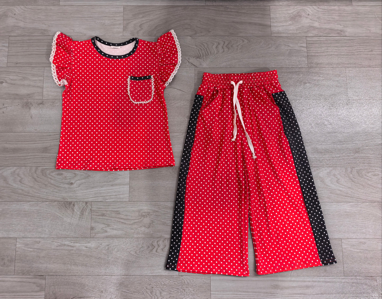Baby Girls Red Black Polka Dots Pocket Top Flare Pant Clothes Set Preorder