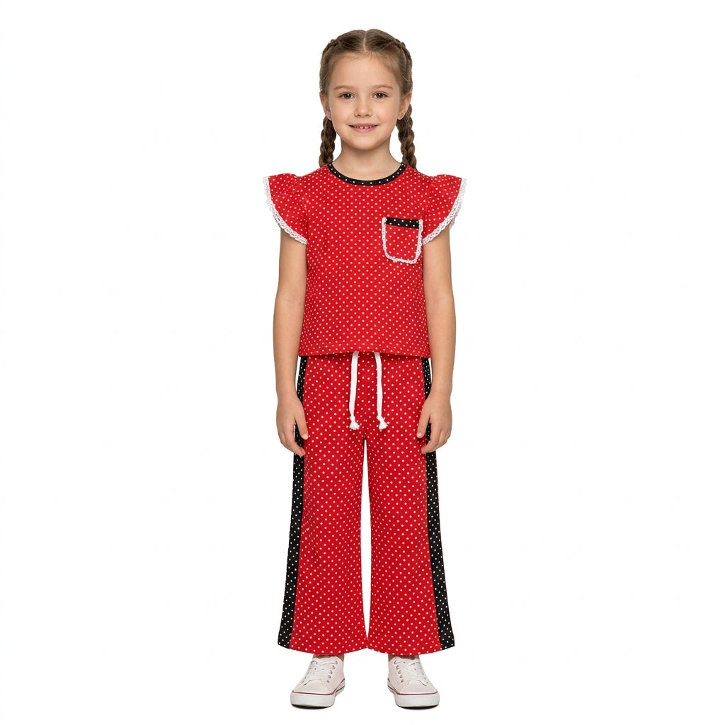 Baby Girls Red Black Polka Dots Pocket Top Flare Pant Clothes Set