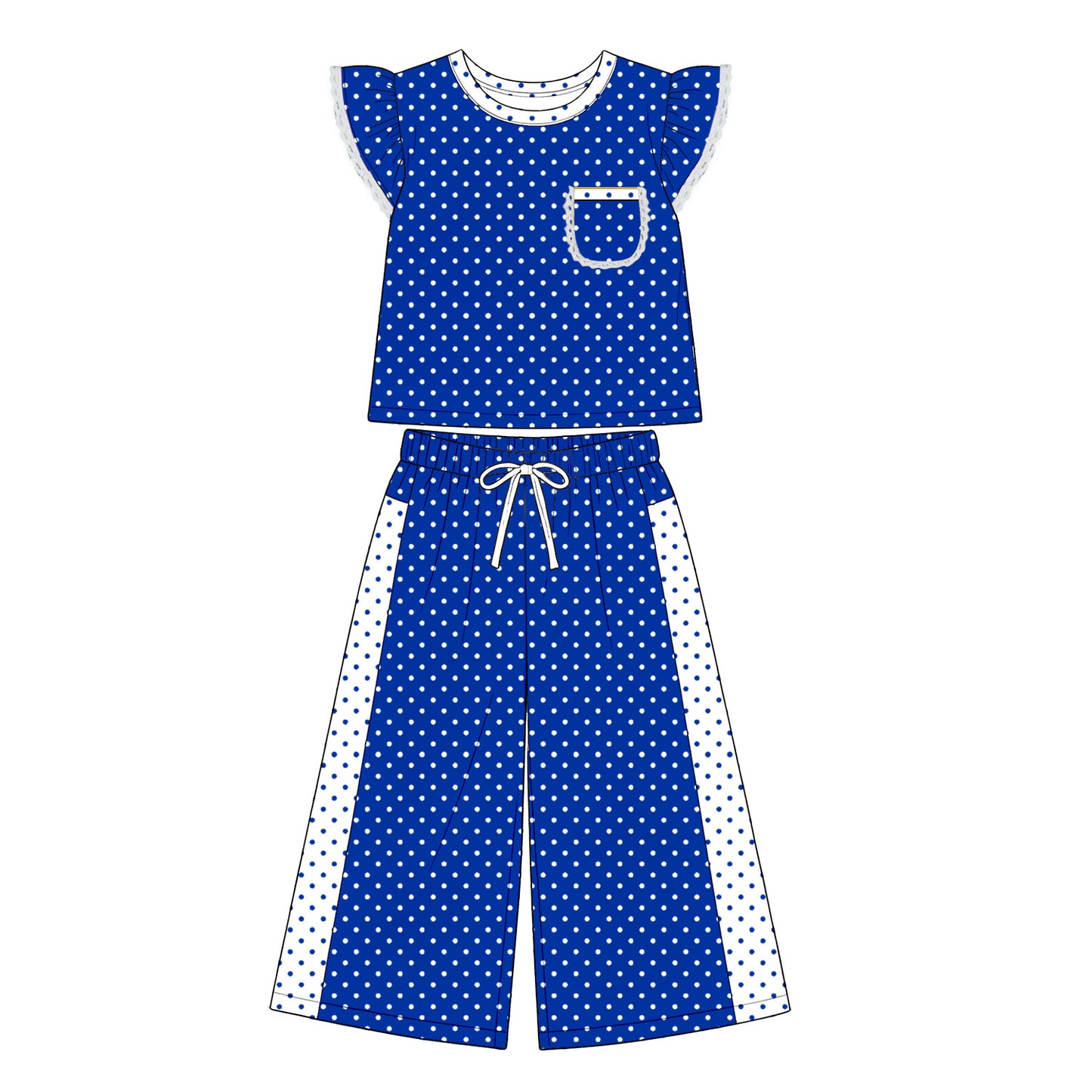 Preorder moq 5 Baby Girls Blue Polka Dots Pocket Top Flare Pant Clothes Set