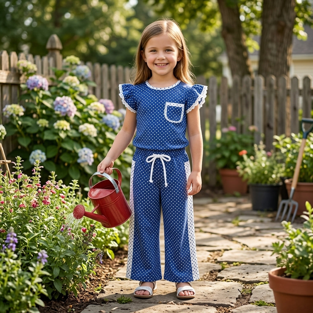 Baby Girls White Blue Polka Dots Pocket Top Flare Pant Clothes Set