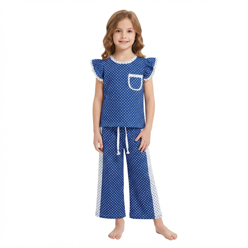 Baby Girls White Blue Polka Dots Pocket Top Flare Pant Clothes Set