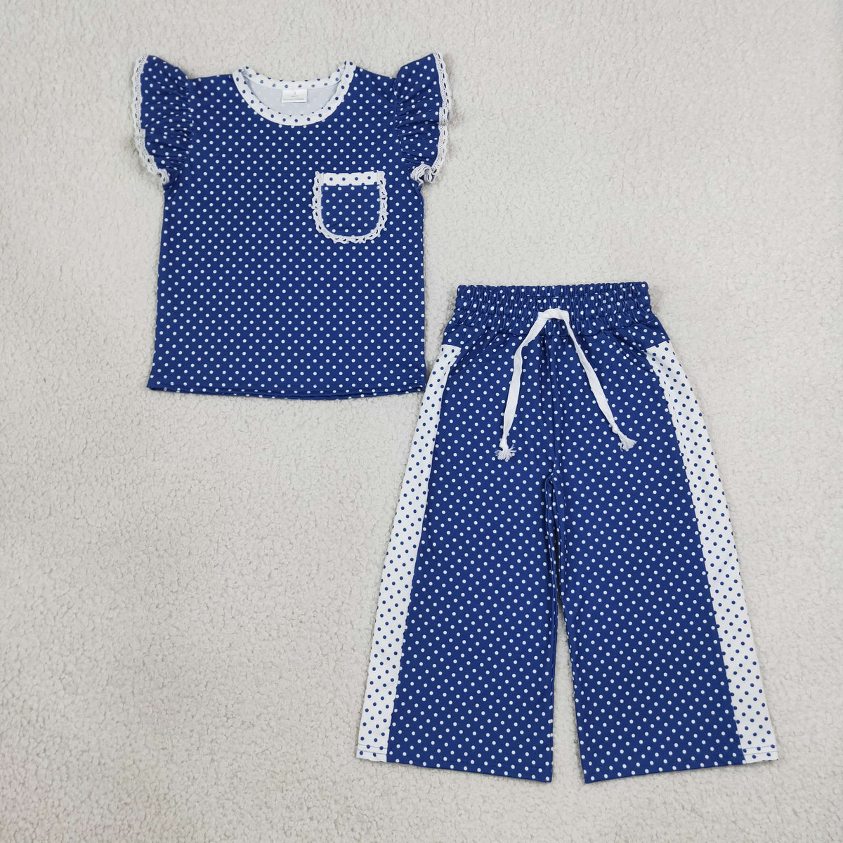 Baby Girls White Blue Polka Dots Pocket Top Flare Pant Clothes Set