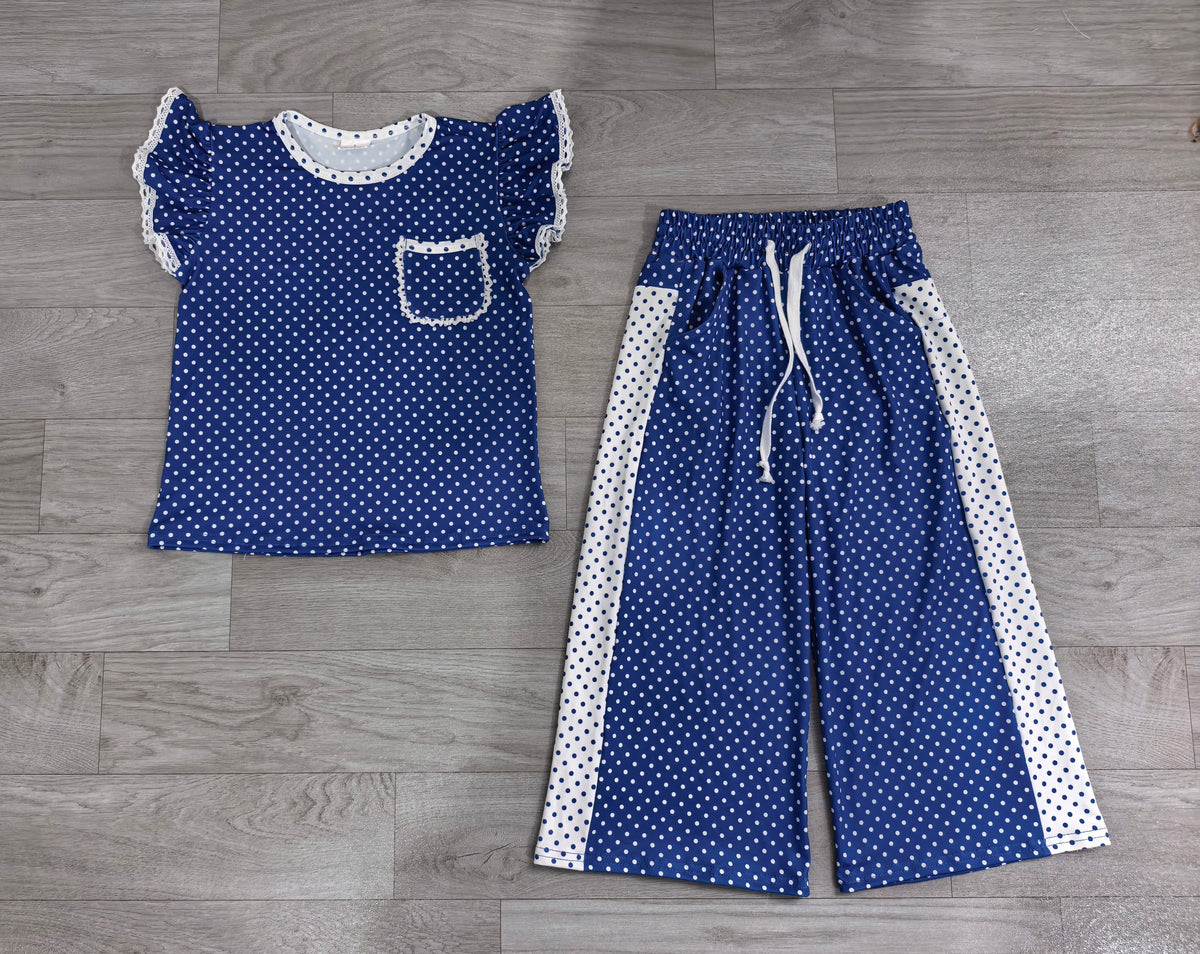 Baby Girls Blue Polka Dots Pocket Top Flare Pant Clothes Set Preorder