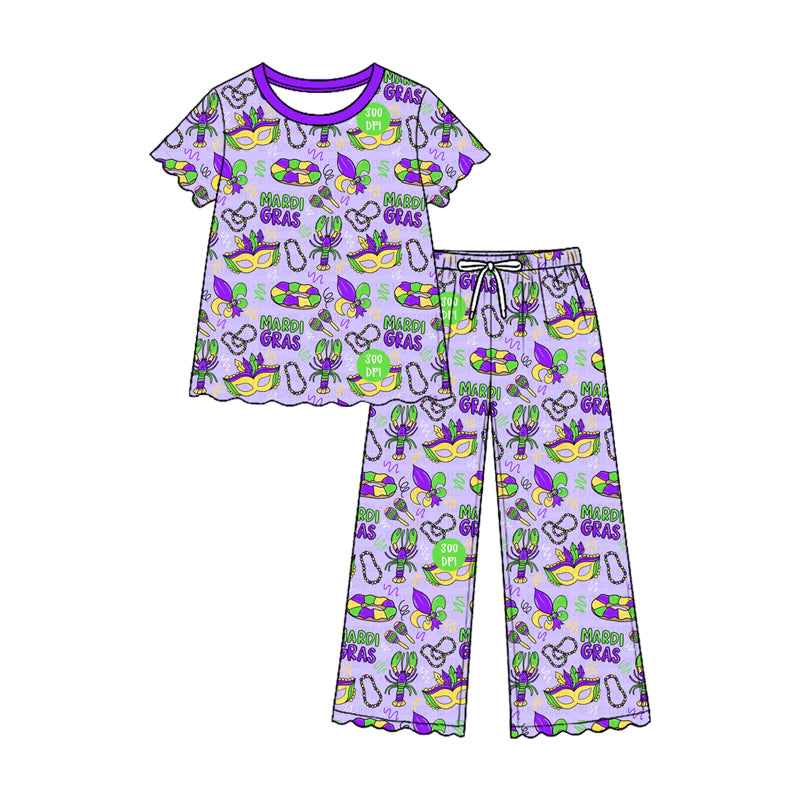 Preorder moq 5 Baby Girls Short Sleeve Masks Donuts Top Pant Mardigras Scallop Clothes Set