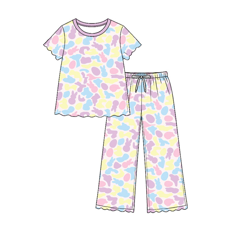 Preorder moq 5 Baby Girls Short Sleeve Eggs Rabbits Camo Top Pant Easter Scallop Clothes Set