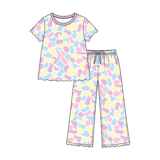 Preorder moq 5 Baby Girls Short Sleeve Eggs Rabbits Camo Top Pant Easter Scallop Clothes Set