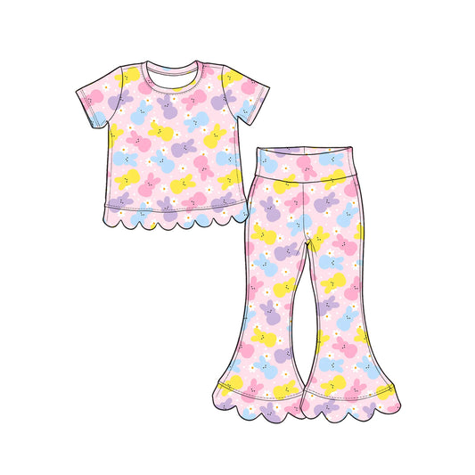 Preorder moq 5 Baby Girls Flower Rabbits Top Bell Bottom Pant Easter Scallop Clothes Set