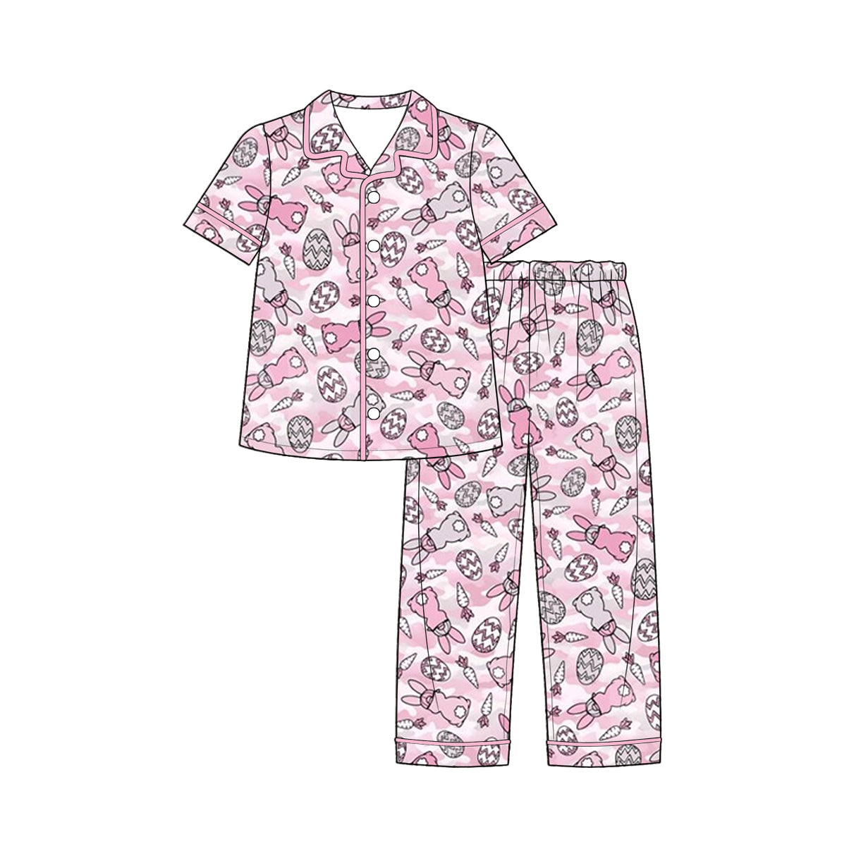 Preorder moq 5 Baby Girls Pink Camo Rabbits Eggs Button Top Pant Easter Pajamas Set