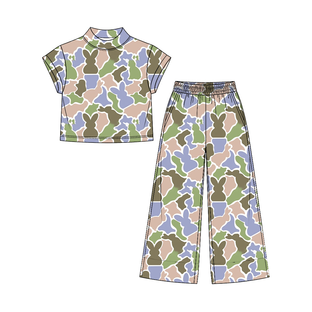 Preorder moq 5 Baby Girls Rabbits Camo Choker Top Pockets Flare Pant Easter Clothes Set
