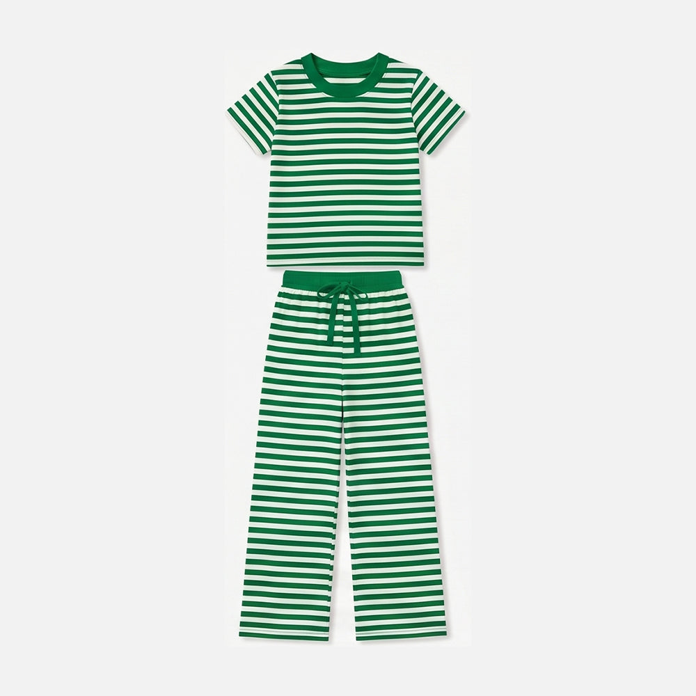 Baby Girls Short Sleeve Green Stripe Top Straight Pant Pajamas Clothes Set Preorder
