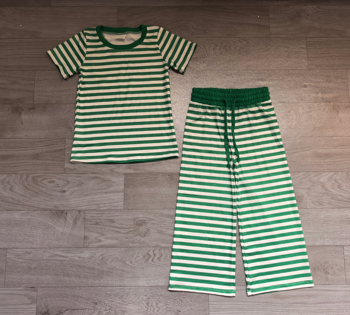 Baby Girls Short Sleeve Green Stripe Top Straight Pant Pajamas Clothes Set Preorder