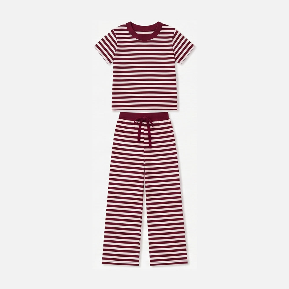 Baby Girls Short Sleeve Maroon Stripe Top Straight Pant Pajamas Clothes Set Preorder