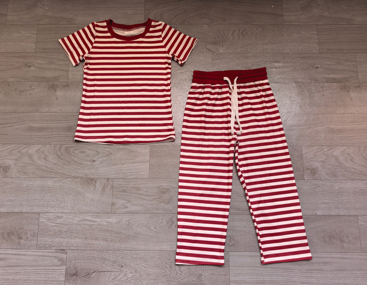 Baby Girls Short Sleeve Maroon Stripe Top Straight Pant Pajamas Clothes Set Preorder