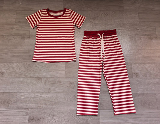 Baby Girls Short Sleeve Maroon Stripe Top Straight Pant Pajamas Clothes Set Preorder