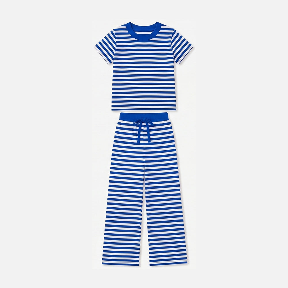 Baby Girls Short Sleeve Blue Stripe Top Straight Pant Pajamas Clothes Set Preorder