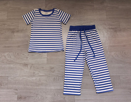 Baby Girls Short Sleeve Blue Stripe Top Straight Pant Pajamas Clothes Set Preorder