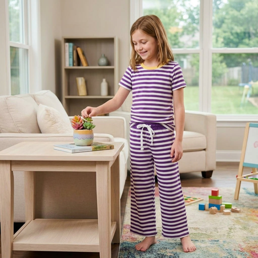 Baby Girls Yellow Purple Stripe Top Flare Pant Mardigras Pajamas Clothes Set