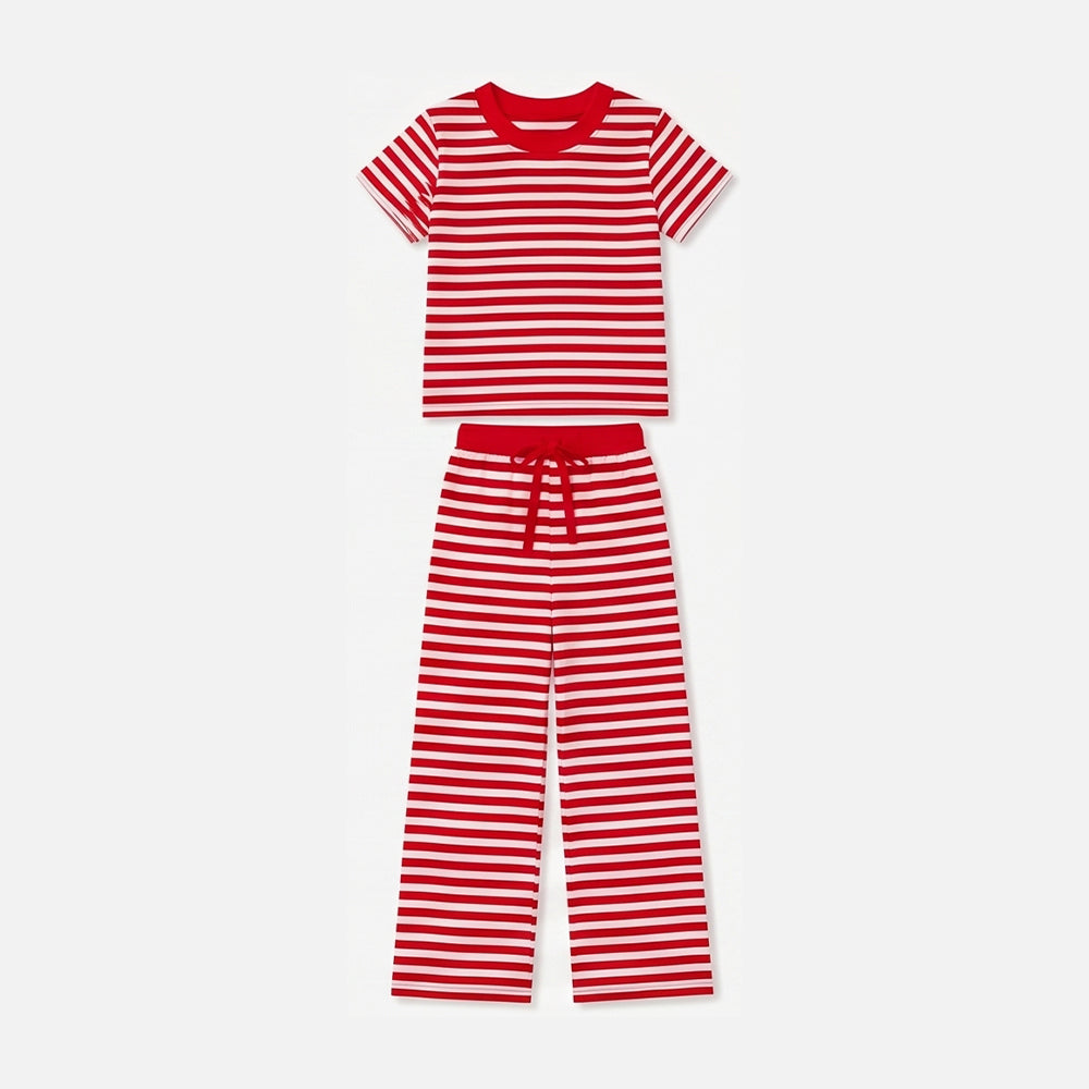 Baby Girls Short Sleeve Red Stripe Top Straight Pant Pajamas Clothes Set Preorder