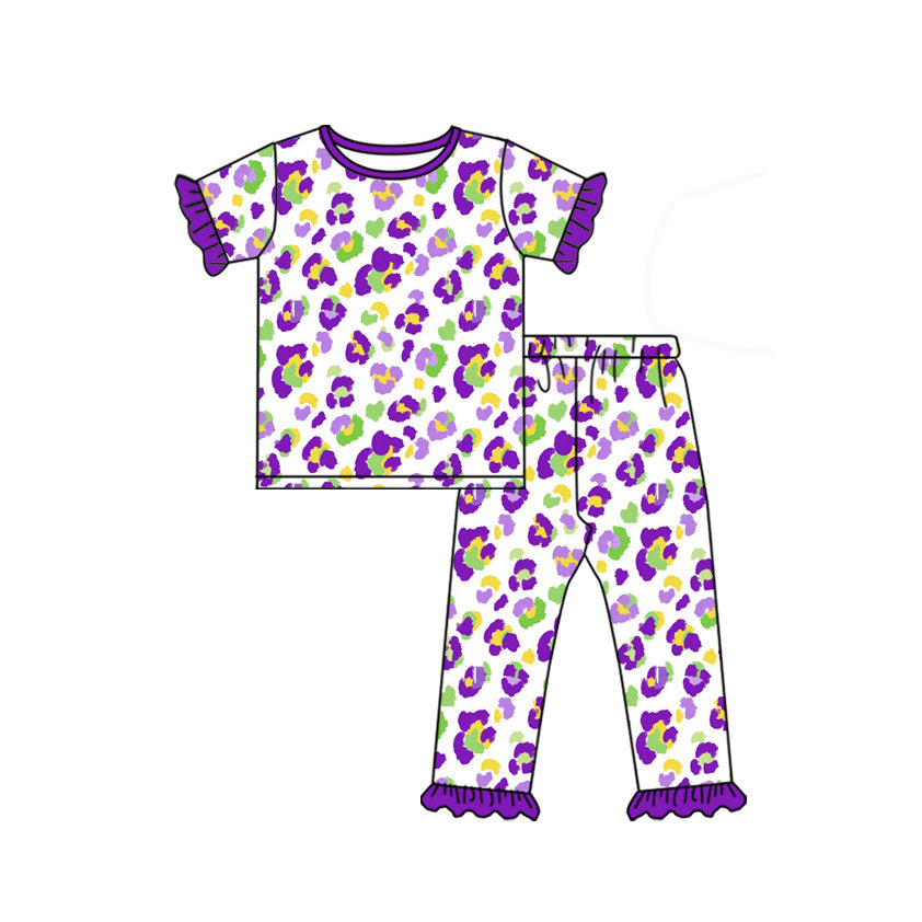Baby Girls Short Sleeve Mardigras Leopard Top Ruffle Pant Pajamas Set Preorder