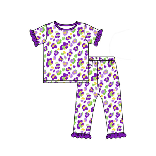 Baby Girls Short Sleeve Mardigras Leopard Top Ruffle Pant Pajamas Set Preorder