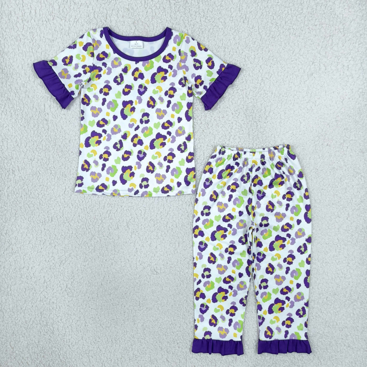 Baby Girls Short Sleeve Mardigras Leopard Top Ruffle Pant Pajamas Set
