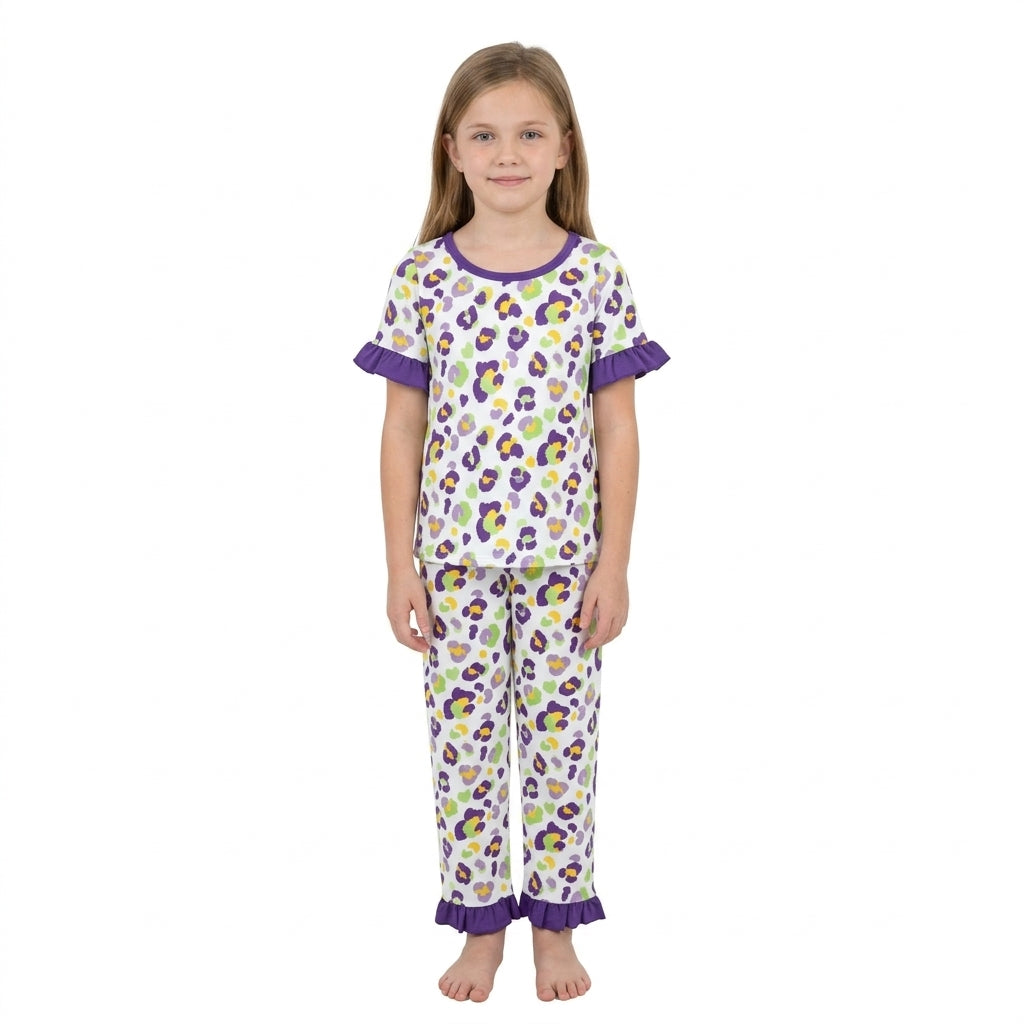 Baby Girls Short Sleeve Mardigras Leopard Top Ruffle Pant Pajamas Set