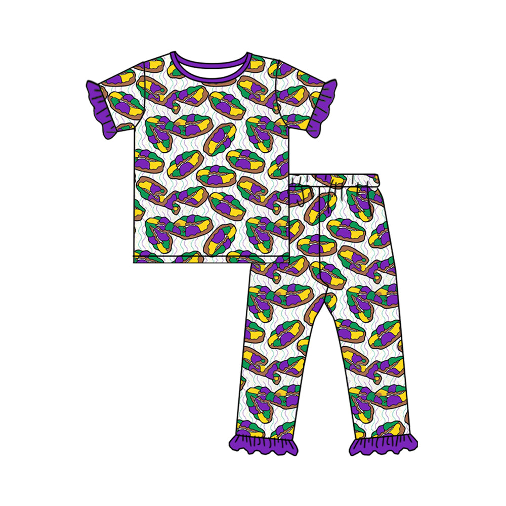 Baby Girls Donuts Plaid Top Ruffle Pant Mardigras Pajamas Set Preorder