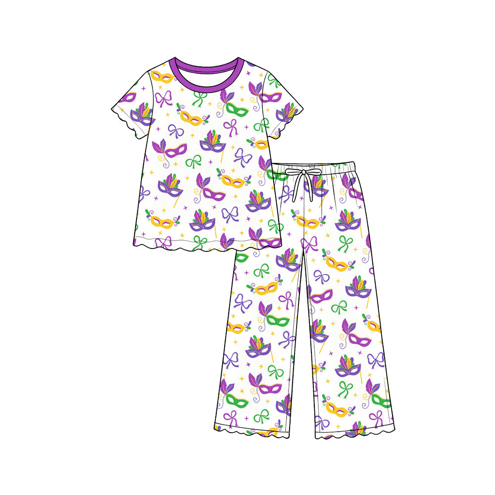 Baby Girls Bows Masks Top Flare Pant Mardigras Scallop Clothes Set Preorder